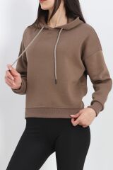 Kapşonlu 3 İplik Crop Sweat Açıkkahve - 20969.1878.