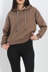 Kapşonlu 3 İplik Crop Sweat Açıkkahve - 20969.1878.