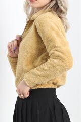 Fermuarlı Crop Peluş Sweat Camel - 9060.1153.