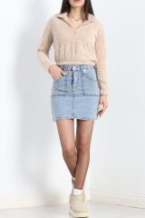 Fermuarlı Crop Peluş Sweat Bej - 9060.1153.