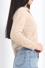 Fermuarlı Crop Peluş Sweat Bej - 9060.1153.